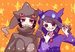  banette banette_(cosplay) bangs black_hair blue_eyes bow brown_hair cosplay covered_mouth fang fingernails flat_chest gen_3_pokemon grin hibikileon long_sleeves looking_at_viewer medium_hair odamaki_sapphire orange_background pokemon pokemon_special polka_dot polka_dot_bow purple_nails red_eyes ruby_(pokemon) sableye sableye_(cosplay) sleeves_past_wrists smile star starry_background tied_hair twintails upper_body 
