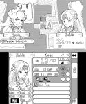  2girls automatic_giraffe bangs bead_necklace beads character_name circlet closed_mouth commentary earrings english_commentary english_text fake_screenshot fire_emblem greyscale jewelry kirby_(series) long_hair mario_(series) monochrome multiple_girls necklace number parody parted_bangs pointy_ears portrait princess_peach princess_zelda sidelocks sketch smile stats super_smash_bros. the_legend_of_zelda whispy_woods 
