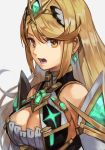  1girl bangs bare_shoulders blonde_hair breasts chest_jewel cleavage cleavage_cutout earrings gem hankuri hikari_(xenoblade_2) jewelry large_breasts long_hair looking_at_viewer open_mouth shoulder_armor simple_background solo swept_bangs tiara white_background xenoblade_(series) xenoblade_2 yellow_eyes 