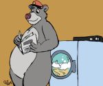  4_fingers anthro baloo caseyljones clothing disney fingers hat headgear headwear laundry mammal nude reading talespin ursid washing_machine 