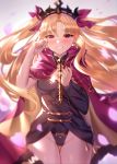  1girl absurdres asymmetrical_sleeves bangs between_breasts black_fire_(peter02713) black_leotard blonde_hair blush bow breasts cape cleavage detached_collar earrings ereshkigal_(fate/grand_order) fate/grand_order fate_(series) fur-trimmed_cape fur_trim gold_trim hair_bow highres infinity jewelry leotard long_hair looking_at_viewer medium_breasts open_mouth parted_bangs petals red_bow red_cape red_eyes single_sleeve skull smile solo spine tears thighs tiara two_side_up 