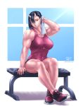  abs bench black_hair breasts earrings elf-san_wa_yaserarenai. highres horns jewelry large_breasts looking_to_the_side muscle muscular_female oga-san one_eye_closed open_mouth pointy_ears red_eyes shoes shorts sweat taikyokuturugi tank_top towel veins 