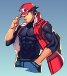  1boy abs adjusting_clothes adjusting_hat black_hair black_shirt blue_background brown_eyes cowboy_shot gradient gradient_background hat looking_at_viewer lvlv male_focus muscle older open_clothes open_vest pectorals pokemon pokemon_(game) pokemon_rgby popped_collar red_(pokemon) shirt skin_tight sleeveless sleeveless_jacket solo vest 