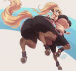  2020 5_fingers big_breasts big_butt blonde_hair blue_eyes blush breasts butt centaur centorea_shianus_(monster_musume) clothed clothing digital_media_(artwork) equid equid_taur female fingers hair hi_res hooves huge_breasts humanoid_pointy_ears long_hair mammal mammal_taur monster_girl_(genre) monster_musume open_mouth secretly_saucy signature solo taur under_boob 