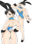  1girl absurdres adapted_costume animal_ears asimatosinosin ass backless_leotard bangs bare_legs black_eyes black_footwear blue_leotard breasts bun_cover bunny_ears bunny_tail chun-li cuffs detached_collar double_bun from_behind hand_up hands_on_hips highleg highleg_leotard highres large_breasts leg_up leotard looking_at_viewer looking_back multiple_views profile simple_background smile street_fighter tail thong_leotard white_background 