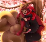  2020 balls breasts brown_hair canid canine duo f-ss fox genitals gynomorph hair hi_res intersex mammal multi_tail penis pink_eyes red_hair ryoko_(character) sakura setsunacross tree yellow_eyes 