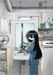  1girl absurdres black_hair blue_eyes cup cutting_hair electric_fan eyebrows_visible_through_hair fish highres holding holding_scissors indoors long_hair looking_at_viewer mushroom pajamas pipes scissors shelf shimeji_simulation sink solo toothbrush tsukumizu_yuu tsukushima_shijima washing_machine window 