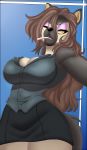  2020 absurd_res anthro big_breasts bottomwear breasts brown_hair canid canine canis charm_(chochi) chochi cigarette cleavage clothed clothing digital_media_(artwork) domestic_dog female hair hi_res makeup mammal skirt smoking teeth yellow_eyes 