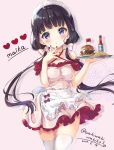  1girl apron bangs bare_shoulders black_hair blend_s blush bottle bow breasts character_name collarbone commentary criss-cross_halter dated detached_sleeves dress eyebrows_visible_through_hair fingernails food french_fries frilled_apron frills hair_bow halterneck hamburger head_tilt heart highres holding holding_tray ketchup_bottle long_hair low_twintails medium_breasts mini_flag neki_(wakiko) parted_lips pink_background polka_dot polka_dot_dress puffy_short_sleeves puffy_sleeves purple_eyes red_nails red_sleeves sakuranomiya_maika short_sleeves simple_background skindentation solo thighhighs tray twintails twitter_username very_long_hair waist_apron waitress white_apron white_bow white_dress white_legwear 