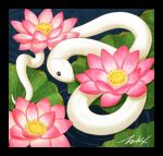  animal animal_focus black_border black_eyes border flower lily_pad no_humans original pink_flower plant signature snake takigraphic water_lily_flower white_snake 