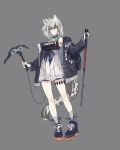  1girl animal_ear_fluff animal_ears arknights backpack bag bangs bare_shoulders black_choker black_footwear black_jacket boots breasts choker cliffheart_(arknights) closed_mouth dress echj eyebrows_behind_hair full_body grey_background grey_eyes grey_hair hair_between_eyes highres holding holding_weapon jacket kusarigama leopard_ears leopard_girl leopard_tail long_sleeves medium_breasts off_shoulder open_clothes open_jacket sickle simple_background sketch sleeveless sleeveless_dress solo standing tail weapon white_dress 
