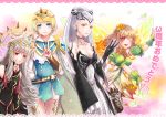  4girls black_gloves blonde_hair blue_eyes breasts cleavage closed_mouth crown dress earrings eir_(fire_emblem) fairy_wings fire_emblem fire_emblem_heroes fjorm_(fire_emblem) gloves grey_hair hair_ornament jewelry long_hair long_sleeves multiple_girls one_eye_closed open_mouth parted_lips peony_(fire_emblem) pointy_ears red_eyes short_dress short_hair smile twitter_username veronica_(fire_emblem) wings youhe_qri 
