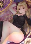  1girl absurdres asymmetrical_legwear asymmetrical_sleeves bare_legs bare_thighs bed black_dress blonde_hair blush bow breasts cleavage dress ereshkigal_(fate/grand_order) fate/grand_order fate_(series) hair_bow highres large_breasts long_hair open_mouth red_bow single_sleeve single_thighhigh solo thighhighs toosaka_rin user_wvrz2537 very_long_hair 