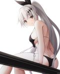  1girl :q ass bare_arms bare_shoulders bikini black_bikini breasts butt_crack dimples_of_venus five-seven_(girls_frontline) front-tie_bikini front-tie_top girls_frontline hair_ornament hair_ribbon highres keenh long_hair looking_at_viewer looking_back medium_breasts multi-strapped_bikini ponytail ribbon side-tie_bikini silver_hair simple_background sitting skindentation smile solo strap_gap swimsuit thighs tongue tongue_out very_long_hair white_background yellow_eyes 