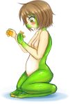  2015 amphibian anthro breasts brown_hair featureless_breasts female frog green_body green_eyes green_skin hair human_to_anthro mcsadat nude short_hair simple_background small_breasts solo species_transformation transformation white_background young 