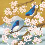  animal animal_focus bird bird_focus bluebird branch flower mount_fuji no_humans original pink_flower plant signature takigraphic tree_branch yellow_sky 