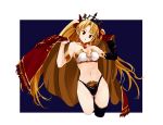  absurdres armpits ass_visible_through_thighs asymmetrical_legwear asymmetrical_sleeves black_bikini_bottom blonde_hair breasts cape cleavage cosplay detached_collar ereshkigal_(fate/grand_order) eyebrows fate/grand_order fate_(series) highres ishtar_(fate)_(all) ishtar_(fate/grand_order) ishtar_(fate/grand_order)_(cosplay) kinoto_(ruindivinity) long_hair navel open_mouth red_cape red_eyes simple_background single_sleeve single_thighhigh thighhighs tiara toosaka_rin 