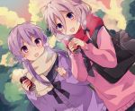 2girls :d bag bangs black_bow black_sailor_collar blush bow braid can cardigan commentary_request dutch_angle eyebrows_visible_through_hair grey_hair hair_between_eyes hair_bow hair_ornament highres holding holding_can ia_(vocaloid) long_hair long_sleeves multiple_girls open_mouth outdoors pink_sweater purple_cardigan purple_eyes purple_hair sailor_collar school_bag school_uniform serafuku sleeves_past_wrists smile sweater twin_braids twintails vocaloid voiceroid yuruno yuzuki_yukari 