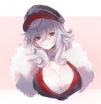  0304_(pixiv) 1girl azur_lane bangs blush breasts cleavage commentary_request fur_trim graf_zeppelin_(azur_lane) hair_between_eyes hat large_breasts long_hair looking_at_viewer peaked_cap red_eyes silver_hair solo uniform upper_body very_long_hair 