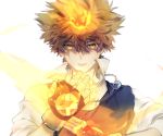  1boy black_gloves black_vest brown_hair collar collared_shirt fighting_stance fire gloves glowing glowing_eyes high_collar hyper_mode jewelry katekyo_hitman_reborn! long_sleeves looking_at_viewer male_focus mgmg_1012 necklace orange_eyes parted_lips ring sawada_tsunayoshi school_uniform shaded_face shirt short_hair simple_background solo spiked_hair upper_body vest white_background white_shirt x_gloves_(reborn) 