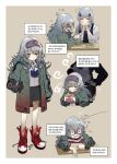  2girls ^_^ absurdres blush bsue closed_eyes closed_mouth eyebrows_visible_through_hair facing_another g11_(girls_frontline) girls_frontline grey_hair highres hk416_(girls_frontline) korean_text long_hair looking_at_viewer messy_hair multiple_girls open_mouth red_footwear shoes sneakers translation_request wavy_hair 