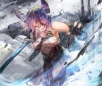  1girl bangs black_gloves breast_pocket breasts checkered checkered_neckwear dated eyepatch gloves grin headgear highres holding holding_sword holding_weapon jacket kantai_collection large_breasts nagasawa_tougo necktie open_mouth orange_eyes partly_fingerless_gloves pocket purple_hair remodel_(kantai_collection) rigging shirt short_hair skirt sleeveless sleeveless_shirt smile solo sword tenryuu_(kantai_collection) twitter_username weapon 