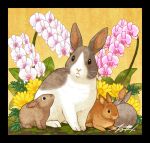  animal animal_focus black_border border bunny flower leaf no_humans original pink_flower plant signature takigraphic whiskers white_flower yellow_flower 