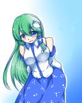  1girl arms_behind_back bangs bare_shoulders blue_eyes blush breasts cowboy_shot detached_sleeves eyebrows_visible_through_hair frog_hair_ornament gradient gradient_background green_hair hair_between_eyes hair_ornament kochiya_sanae large_breasts long_hair nintoku open_mouth snake solo touhou upper_body very_long_hair wide_sleeves 