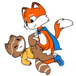  1:1 anthro canid canine chillhop digital_media_(artwork) embarrassed fox genitals grinding half_clothed hi_res looking_down lucky_the_fox male male/male mammal muffinlewds navel one_eye_closed penis procyonid raccoon raised_tail smile spread_legs spreading super_lucky&#039;s_tale 