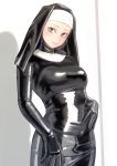  1girl arched_back bodysuit cosplay cowboy_shot grey_eyes hands_on_stomach highres kilye_4421 latex_bodysuit nun original see-through shadow skin_tight smile solo standing underwear 