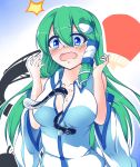  1girl bare_shoulders blue_eyes blush breasts cleavage collarbone detached_sleeves eyebrows_visible_through_hair fan fish frog_hair_ornament green_hair hair_between_eyes hair_ornament highres kochiya_sanae large_breasts nintoku open_mouth paper_fan snake solo touhou uchiwa upper_body wide_sleeves 