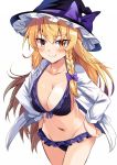  1girl bangs bikini black_bikini black_headwear blonde_hair blush bow braid breasts cleavage commentary_request cowboy_shot e.o. eyebrows_visible_through_hair frilled_bikini frills groin hair_between_eyes hair_bow hands_on_hips hat hat_bow highres kirisame_marisa long_hair long_sleeves looking_at_viewer medium_breasts navel nose_blush open_clothes open_shirt purple_bow shirt simple_background single_braid smile solo standing stomach swimsuit touhou v-shaped_eyebrows very_long_hair white_background white_shirt witch_hat yellow_eyes 