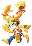  4_arms 5_fingers ambiguous_gender appmon_(species) barefoot blue_eyes bottomwear clothing digimon digimon_(species) ear_hands fingers fur headphones jacket jeans markings mightyrat multi_arm multi_limb musimon pants rings_on_arms smile topwear white_body white_fur yellow_body yellow_fur 