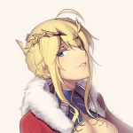  1girl ahoge artoria_pendragon_(all) artoria_pendragon_(lancer) boa_(brianoa) braid braided_bun breasts cape cleavage crown eyebrows_visible_through_hair fate/grand_order fate_(series) from_side fur_trim highres large_breasts looking_at_viewer looking_to_the_side parted_lips pink_lips red_cape sidelocks simple_background smile smug solo twitter_username upper_body yellow_background 