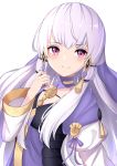  +5cm 1girl absurdres bangs blush closed_mouth collarbone commentary_request dress eyebrows_visible_through_hair fire_emblem fire_emblem:_three_houses highres juliet_sleeves long_hair long_sleeves looking_at_viewer lysithea_von_ordelia pink_eyes puffy_sleeves purple_dress purple_ribbon ribbon sidelocks silver_hair simple_background smile solo tassel upper_body veil very_long_hair white_background white_sleeves wide_sleeves 