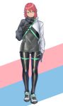  1boy blush bodysuit closed_mouth eyebrows_visible_through_hair full_body green_eyes grey_footwear hand_on_own_chest highres kilye_4421 latex_bodysuit long_sleeves looking_at_viewer original otoko_no_ko red_hair shoes short_hair skin_tight smile sneakers solo 