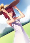  1girl absurdres blue_eyes boa_(brianoa) bracelet commentary cowboy_shot dress dutch_angle flower frilled_dress frills hands_up hat highres hisui jewelry landscape looking_at_viewer melty_blood red_hair short_hair smile solo sun_hat sunflower tsukihime white_dress 