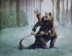  2019 anthro arrow bow_(weapon) canid canine canis cheek_tuft clothed clothing facial_tuft fully_clothed fur head_tuft hi_res holding_object holding_weapon kebi kneeling mammal outside quiver ranged_weapon snow snowing solo tree tuft weapon white_body white_fur wolf 