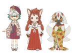  3girls animal_ears artist_name bell black_skin blush closed_mouth eyebrows_visible_through_hair faputa flower furry green_hair hair_bell hair_flower hair_ornament japanese_clothes kawasemi27 long_hair long_sleeves looking_at_viewer made_in_abyss meinya_(made_in_abyss) messy_hair miko mitty_(made_in_abyss)_(furry) multicolored_hair multiple_girls open_mouth prushka red_eyes red_hair red_skirt sandals short_hair skirt smile socks twitter_username whiskers white_hair white_legwear 