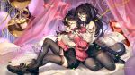  2girls artist_name balloon black_footwear black_hair black_legwear boots brown_eyes commission final_fantasy final_fantasy_xiv hug hug_from_behind ling_(doraling12) long_hair multiple_girls pantyhose pillow ponytail sitting thighband_pantyhose thighhighs very_long_hair 