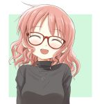  1girl :d ahoge bangs bespectacled blush breasts eyebrows_visible_through_hair glasses hidamari_sketch highres hiro jewelry long_sleeves medium_breasts necklace open_mouth percy_pyl red_hair simple_background smile solo sweater swept_bangs tree turtleneck turtleneck_sweater wavy_hair 