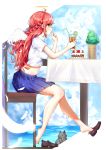  1girl absurdres ahoge angel_wings bangs blue_skirt braid cat commentary drinking_straw from_side halo highres holding long_hair midriff orange_eyes original outdoors red_footwear red_hair renroujiang shirt shoes short_sleeves short_wings sitting skirt solo white_shirt wings 
