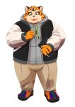  2020 anthro bottomwear clothing felid hamagiato hi_res hoodie humanoid_hands kemono male mammal overweight overweight_male pantherine pants pink_nose simple_background solo tiger topwear white_background 