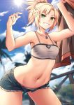  1girl blonde_hair blue_shorts braid cloud collarbone commentary cowboy_shot day denim fate/apocrypha fate_(series) green_eyes grin highres jacket jacket_removed jewelry leaning_forward looking_at_viewer midriff mordred_(fate) mordred_(fate)_(all) navel necklace outdoors ponytail queasy_s short_hair short_shorts shorts sky smile solo standing stomach summer sun teeth thighs twitter_username 