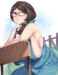  1girl bare_shoulders black_eyes blush breasts brown_hair character_request eyebrows_visible_through_hair glasses green_headwear green_ribbon hair_ribbon heavy_breathing highres moisture_(chichi) naked_overalls overalls pokemon pokemon_(game) pokemon_swsh ribbon sideboob sweat 