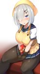 1girl absurdres apron bandana black_gloves black_legwear blue_eyes blue_sailor_collar blue_skirt breasts chestnut_mouth commentary_request feet_out_of_frame gloves hair_ornament hair_over_one_eye hairclip hamakaze_(kantai_collection) highres jakko kantai_collection large_breasts looking_at_viewer pantyhose pleated_skirt sailor_collar school_uniform serafuku short_hair silver_hair sitting skirt solo thick_thighs thighs white_gloves yellow_apron yellow_neckwear 