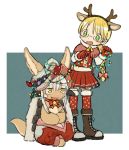  1girl 1other alternate_costume alternate_hairstyle androgynous blonde_hair blush boots bow braid brown_footwear christmas_lights cross-laced_footwear furry glasses green_eyes highres kawasemi27 lace-up_boots looking_at_another made_in_abyss nanachi_(made_in_abyss) open_mouth red_bow red_legwear red_skirt riko_(made_in_abyss) skirt smile thighhighs white_hair yellow_eyes 