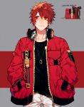  1boy black_shirt chain closed_mouth collarbone grey_background hand_in_pocket headphones headphones_around_neck headphones_removed highres ittoki_otoya jacket jewelry long_sleeves looking_away looking_up male_focus multicolored multicolored_background necklace open_clothes open_jacket pants pocket pullssack red_background red_eyes red_hair red_jacket shirt short_hair smile solo standing undershirt uta_no_prince-sama white_pants zipper 