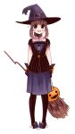  1girl :d black_legwear black_vest boa_(brianoa) broom brown_hair choker dress eyebrows_visible_through_hair full_body gloves green_eyes hat highres holding jack-o&#039;-lantern looking_at_viewer open_mouth orange_ribbon original pantyhose pigeon-toed pointy_shoes ponytail purple_choker purple_dress purple_footwear purple_gloves purple_headwear ribbon shoes smile solo standing symbol_commentary transparent_background vest witch witch_hat 