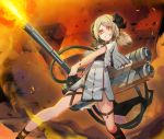  1girl arknights baniran_dorosu black_shirt blonde_hair capelet city crazy_smile embers fire flamethrower grin ground_vehicle highres horns ifrit_(arknights) kneehighs military military_vehicle miniskirt motor_vehicle orange_eyes ore_lesion_(arknights) ruins shirt skirt smile smoke tail tank tube twintails weapon white_capelet white_skirt 